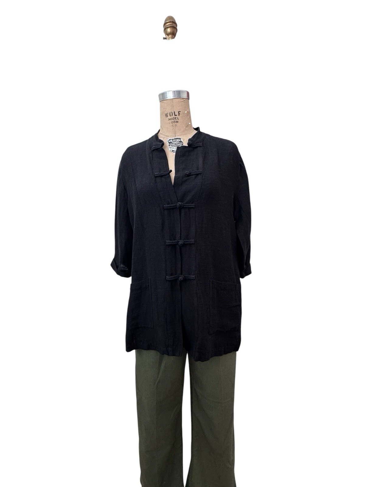 Eileen Fisher Shirt Sz L Mandarin Frog Closure Cotton Lagenlook Luxury Black