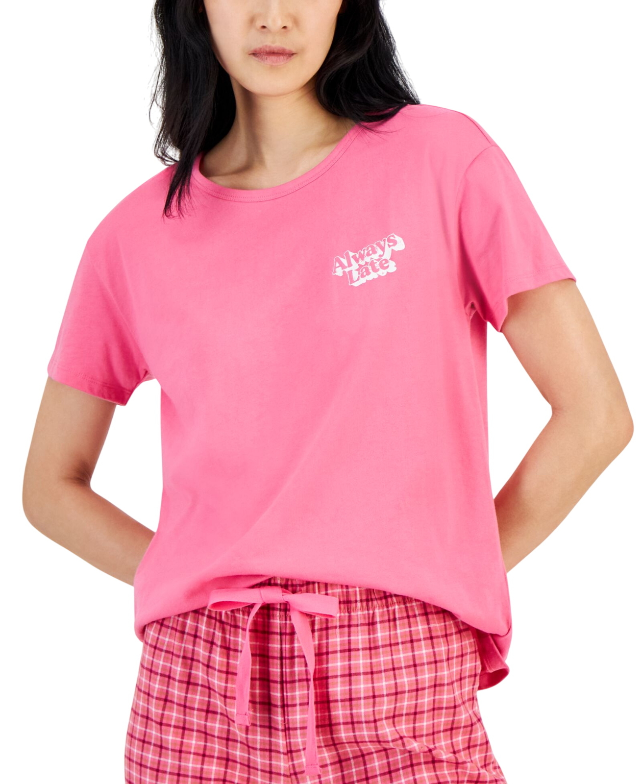 Jenni Womens Graphic-Print Crewneck Pajama Top 100173419MS Always Late Pink S