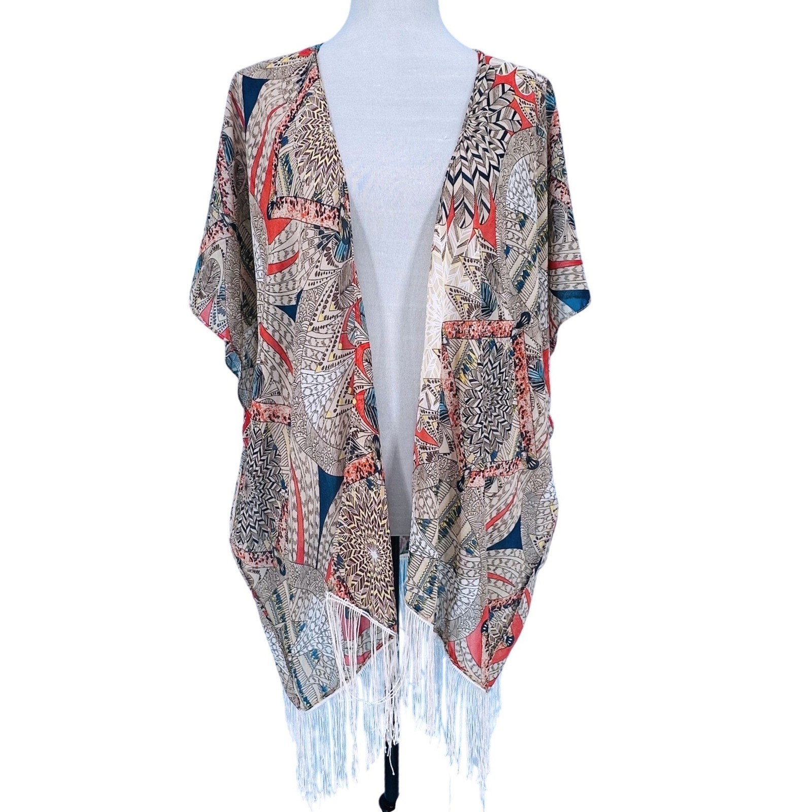 Bohemian Geometric Indian Fringe Kimono Wrap Open Front Festival Cardigan O/S