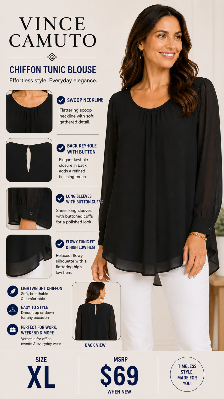 4-22 Vince Camuto XL Black Chiffon Tunic Blouse Scoop Neck Long Sleeve Top