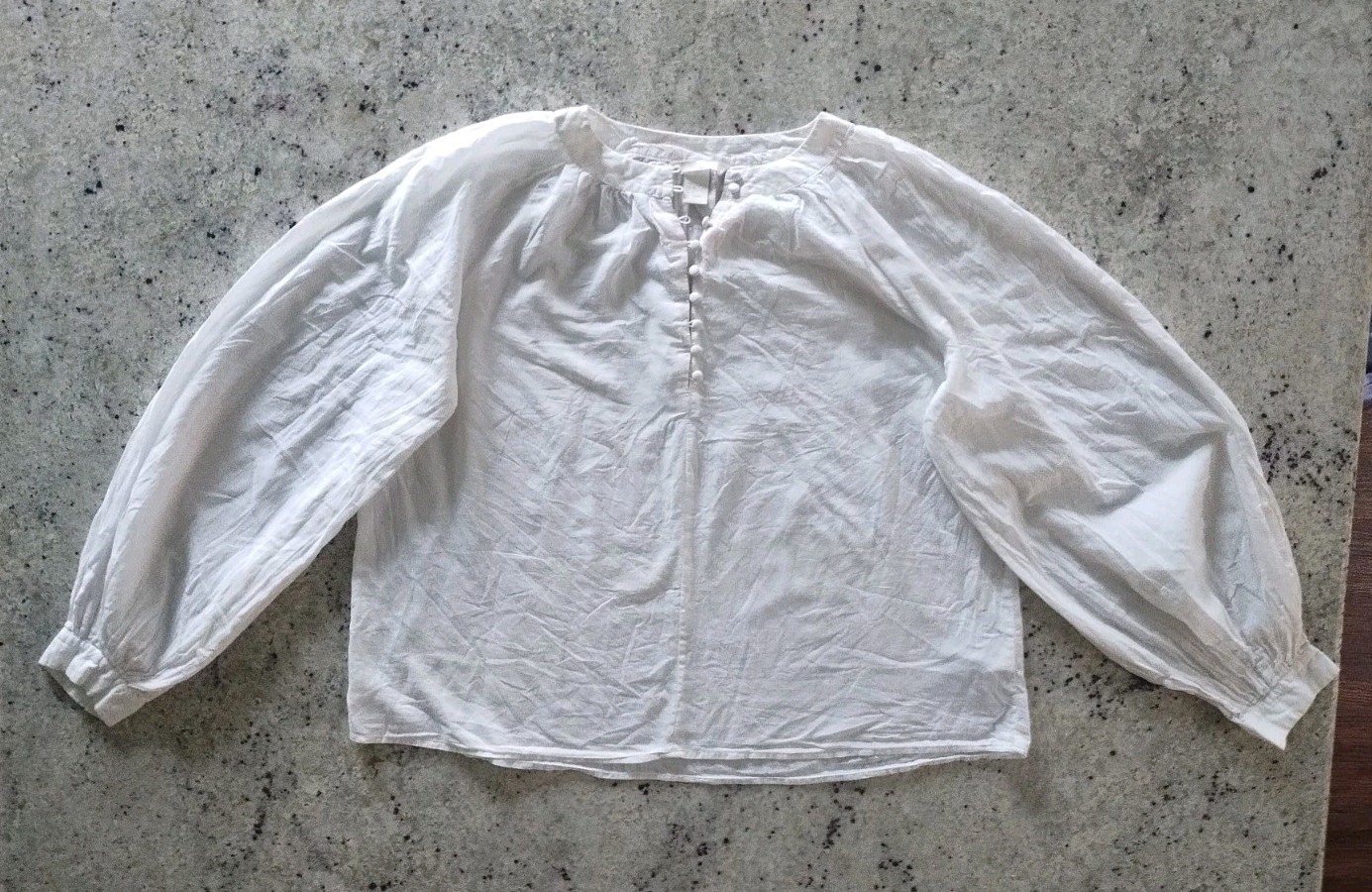 H&M Cotton White Solid Long Balloon Sleeve Button Front Blouse Smock US 6