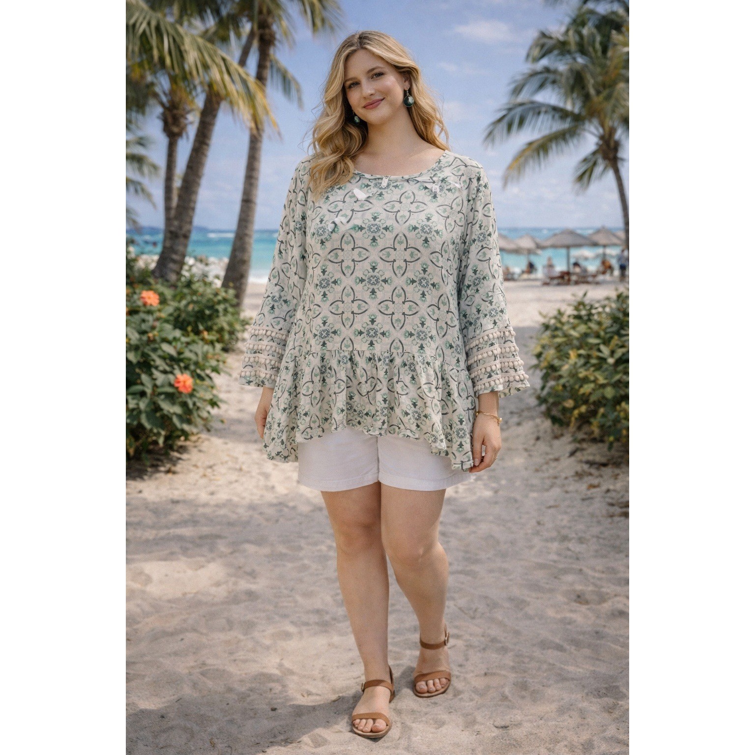 Boho Flowy Ruffle Pom Pom Preppy Mosaic Green Navy Tunic Top Crown & Ivy 2XL