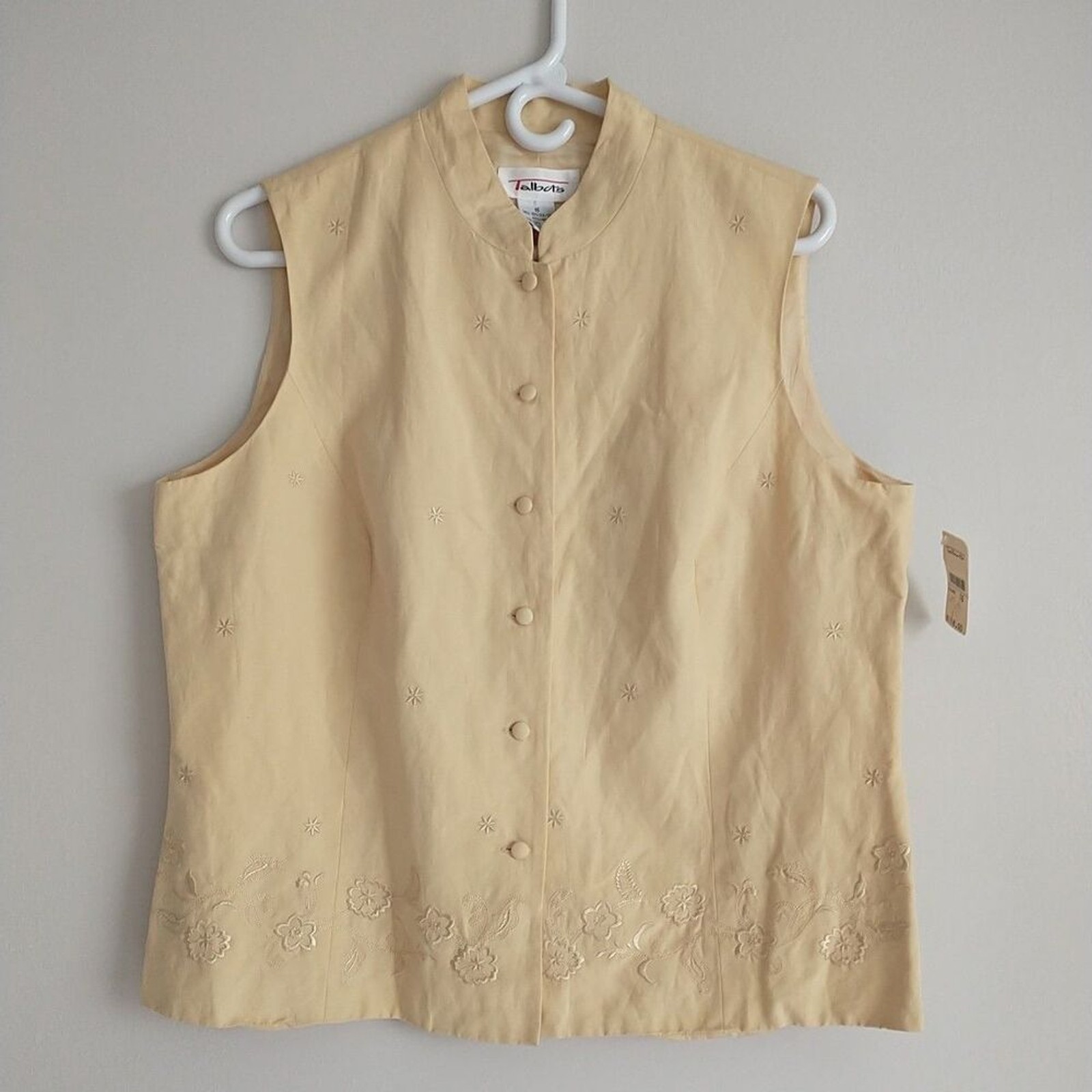 New Talbots Top Blouse Womens 16 Yellow Linen Silk Blend Buttons Embroidered