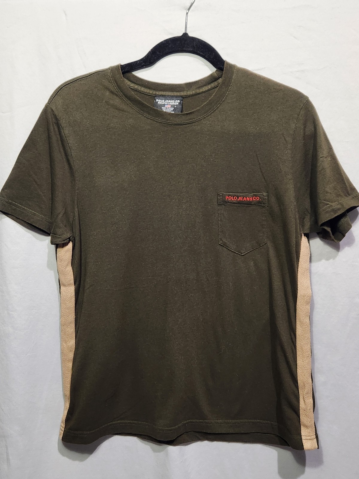 VTG Polo Jeans Co Ralph Lauren Pocket Logo Tshirt Army Green W Piping Large