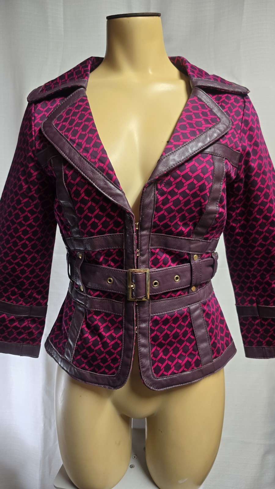 Vintage Y2K Women’s Purple Leather Cotton Belted Corset Blouse Top Jacket Sz S