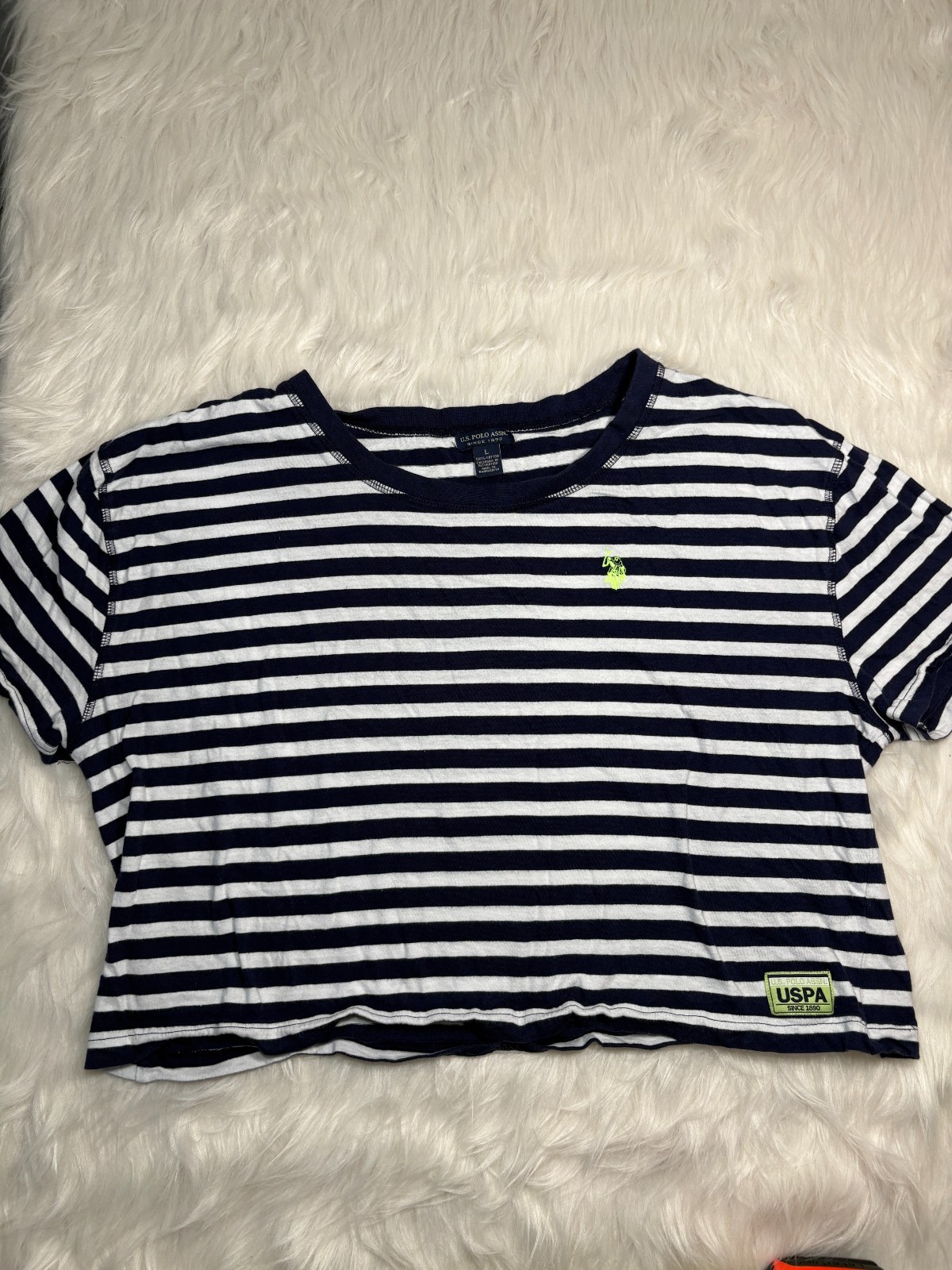 U.S. Polo Assn T-Shirt Crop Navy and White Striped Large Good Used Condition