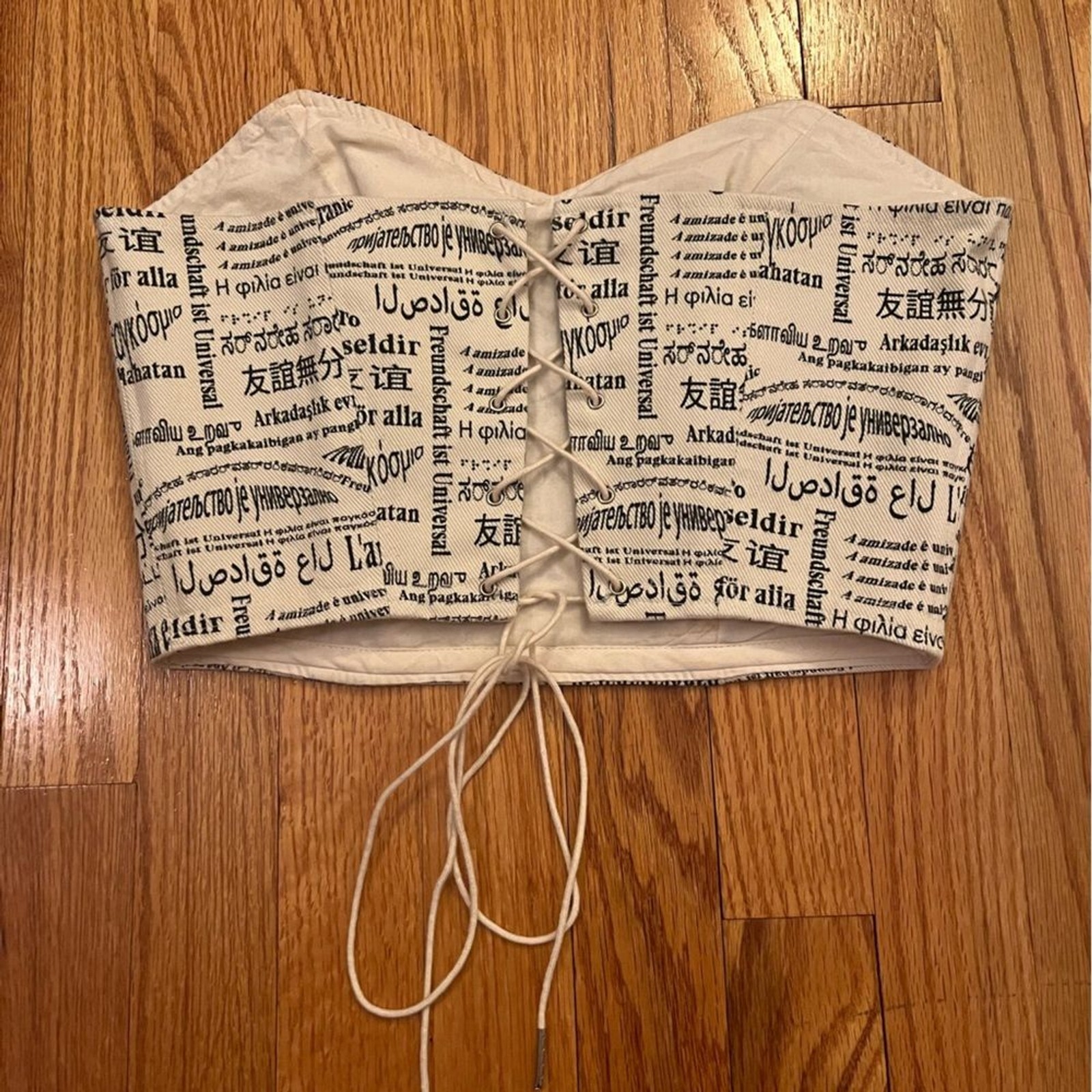 Paloma Wool Cream and Black Printed Strapless Crop Top