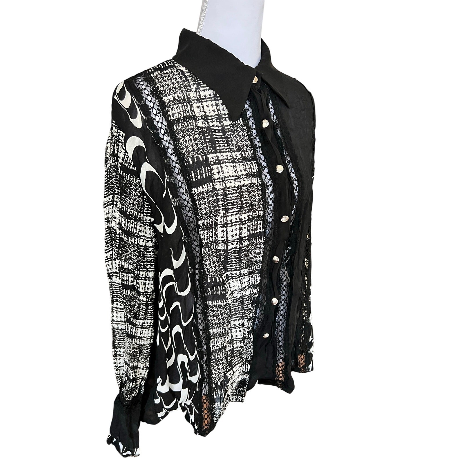 Vie Nocturne Paris Sheer Oversized Shirt Lace Mixed Print Artsy Button Up