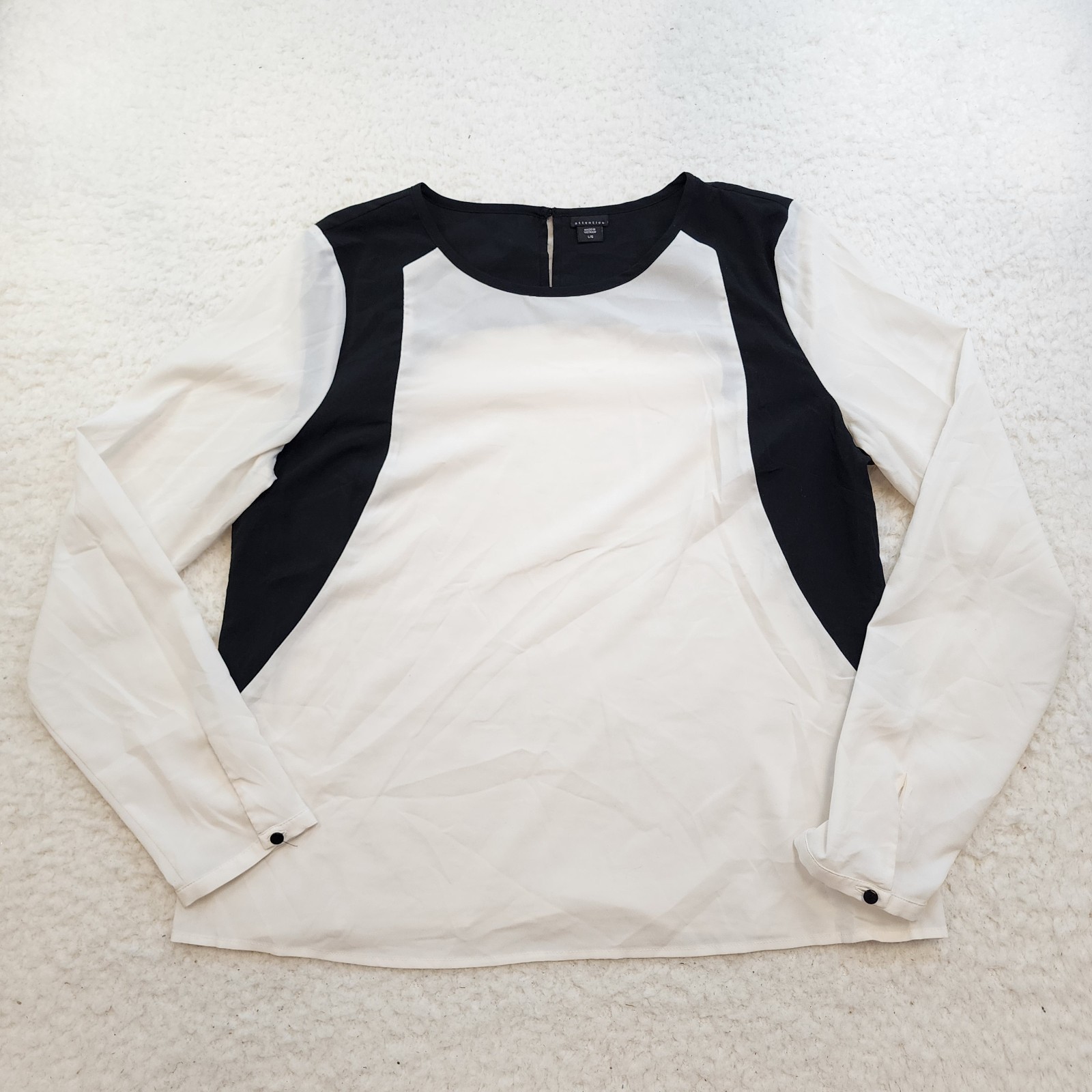 Attention Blouse top L White Black Long Sleeve Scoop Neck Academia Office Career