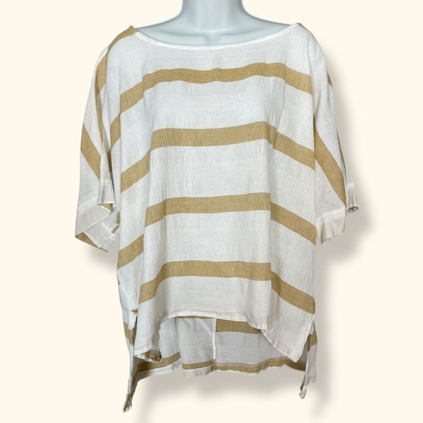 Meo Meli Top Striped Lagenlook Women Tan White Batwing Sleeve Lightweight Blouse
