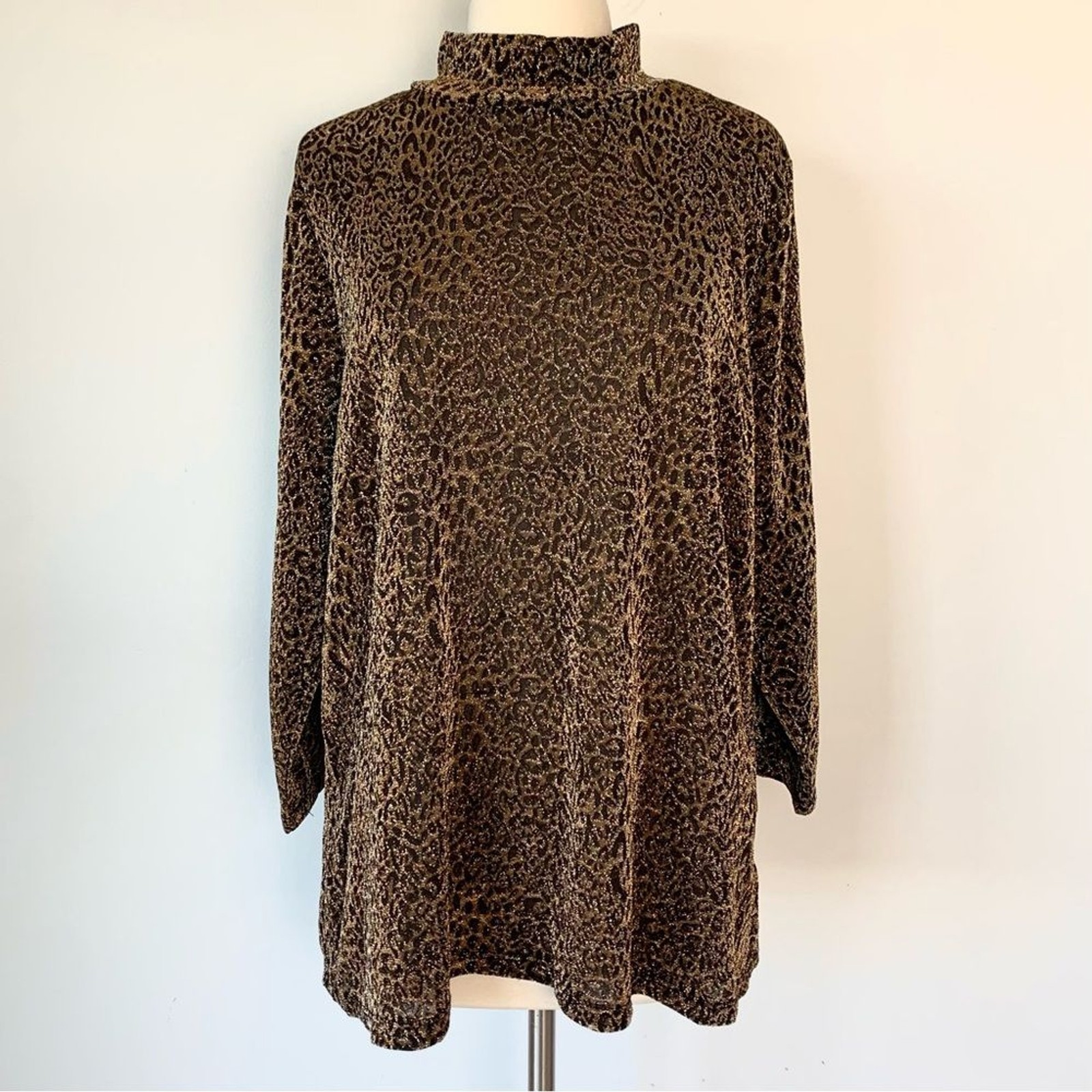 Andrea Jovine Metallic Sparkly Leopard Print Mock Neck Top Size 2X