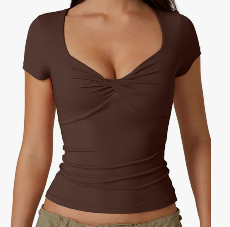 Qinsen Womens Sexy Twist Front V Neck T Shirts Double Lined Slim Fit XS Chestnut