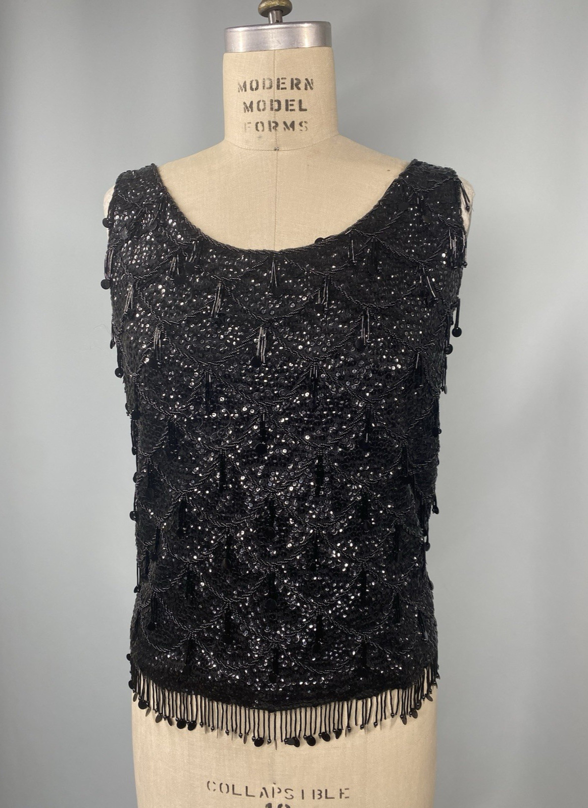 Vintage Sequin Top SIZE MEDIUM M black beaded fringe MACY’S Hong Kong 60s 70s