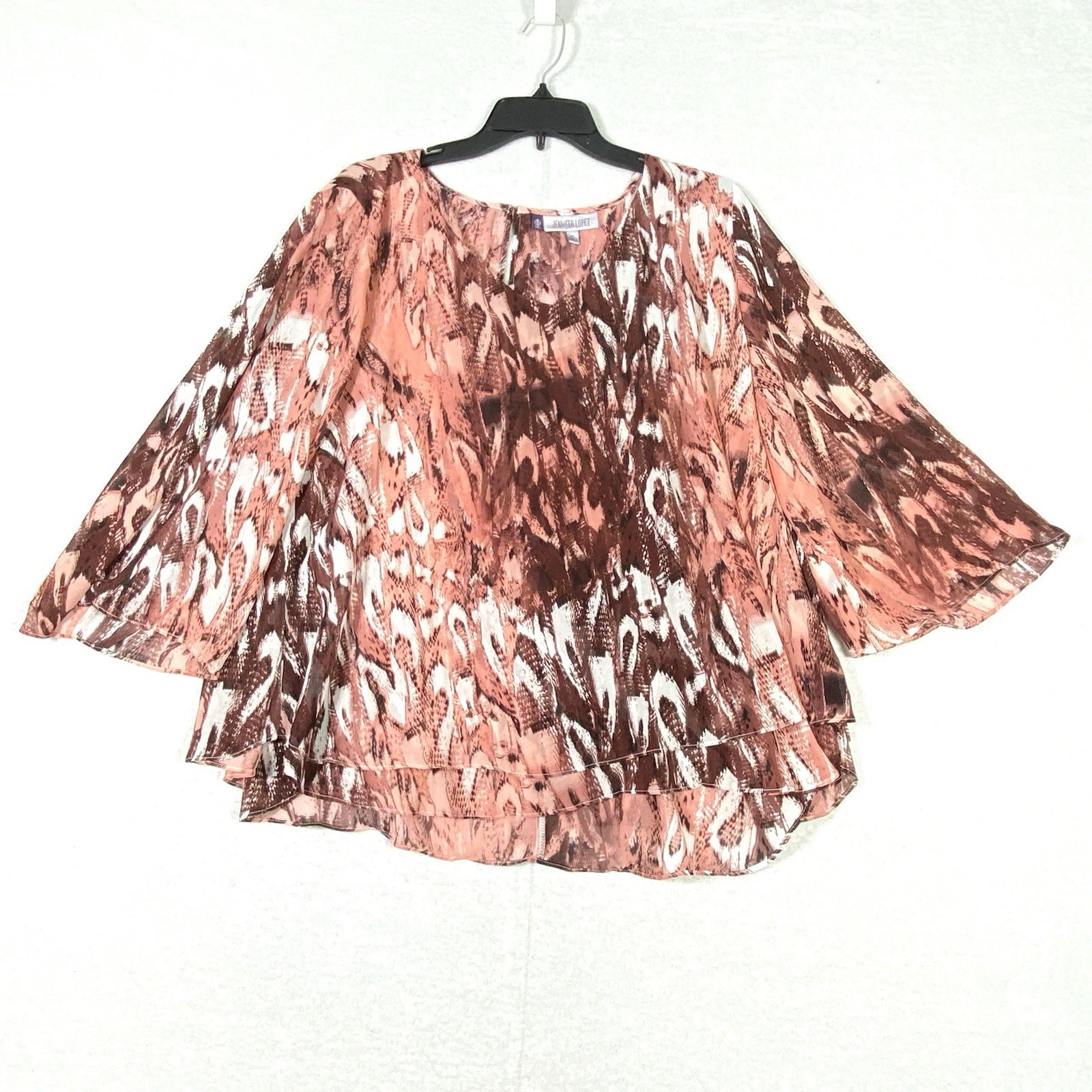 Jennifer Lopez Abstract Animal Print Blouse Women’s XL 3/4 Sleeve Layered Flowy