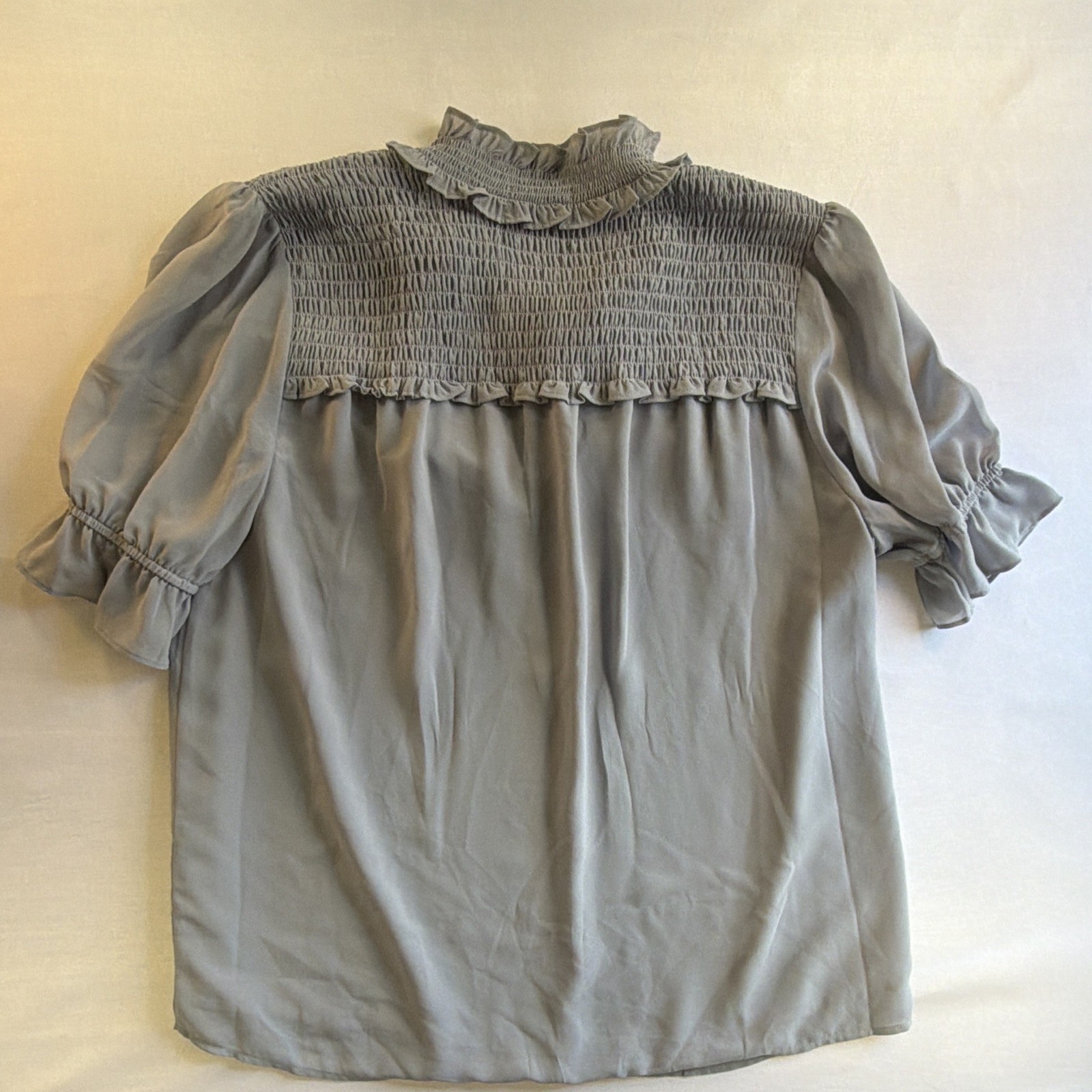 Pleione Women’s Gray Solid Woven Polyester Smocked Ruffle Tie Neck Blouse XL