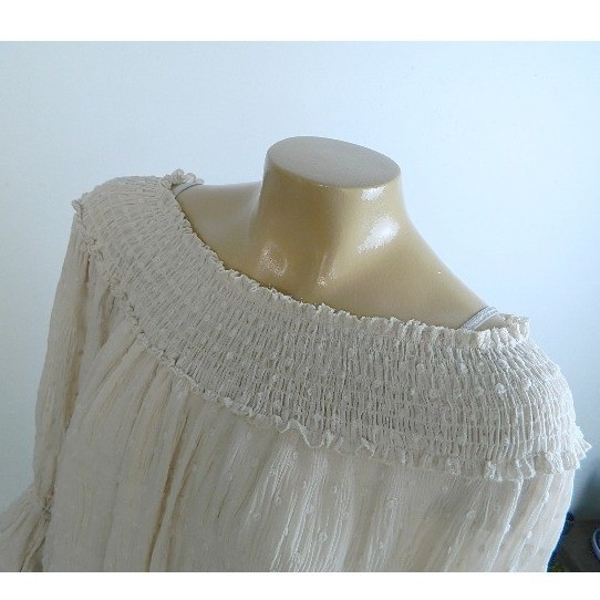 By Together Blouse Womens Medium Cream Swiss Dot Smocked Ruffle Bell Sleeve Boho