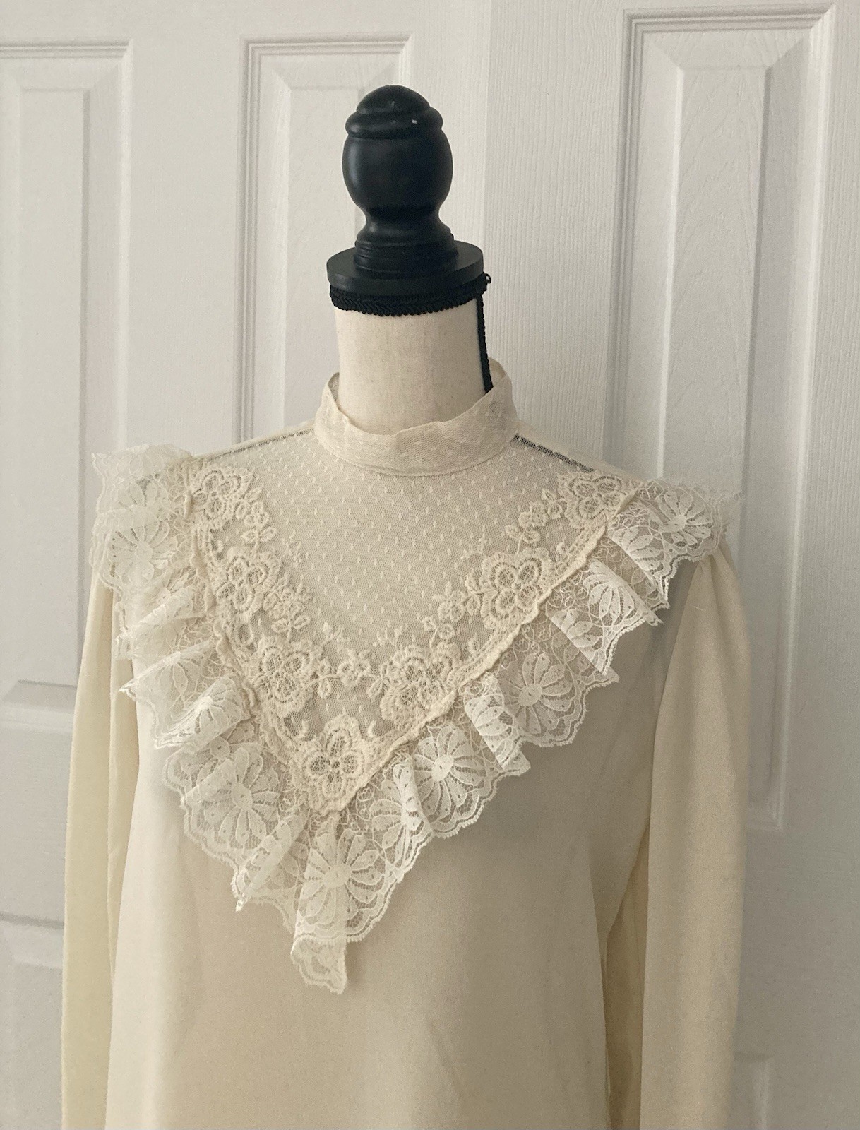 Vtg 80s Ivory Lace Blouse Victorian Revival Prairie Puff Sleeves Size 9/10