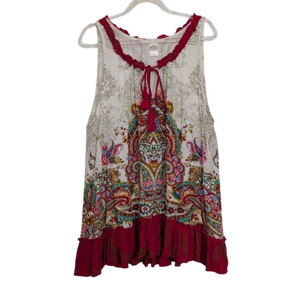 Bila Floral Shirt Womens Size XL Ivory Red Tassels Boho Lightweight Sleeveless