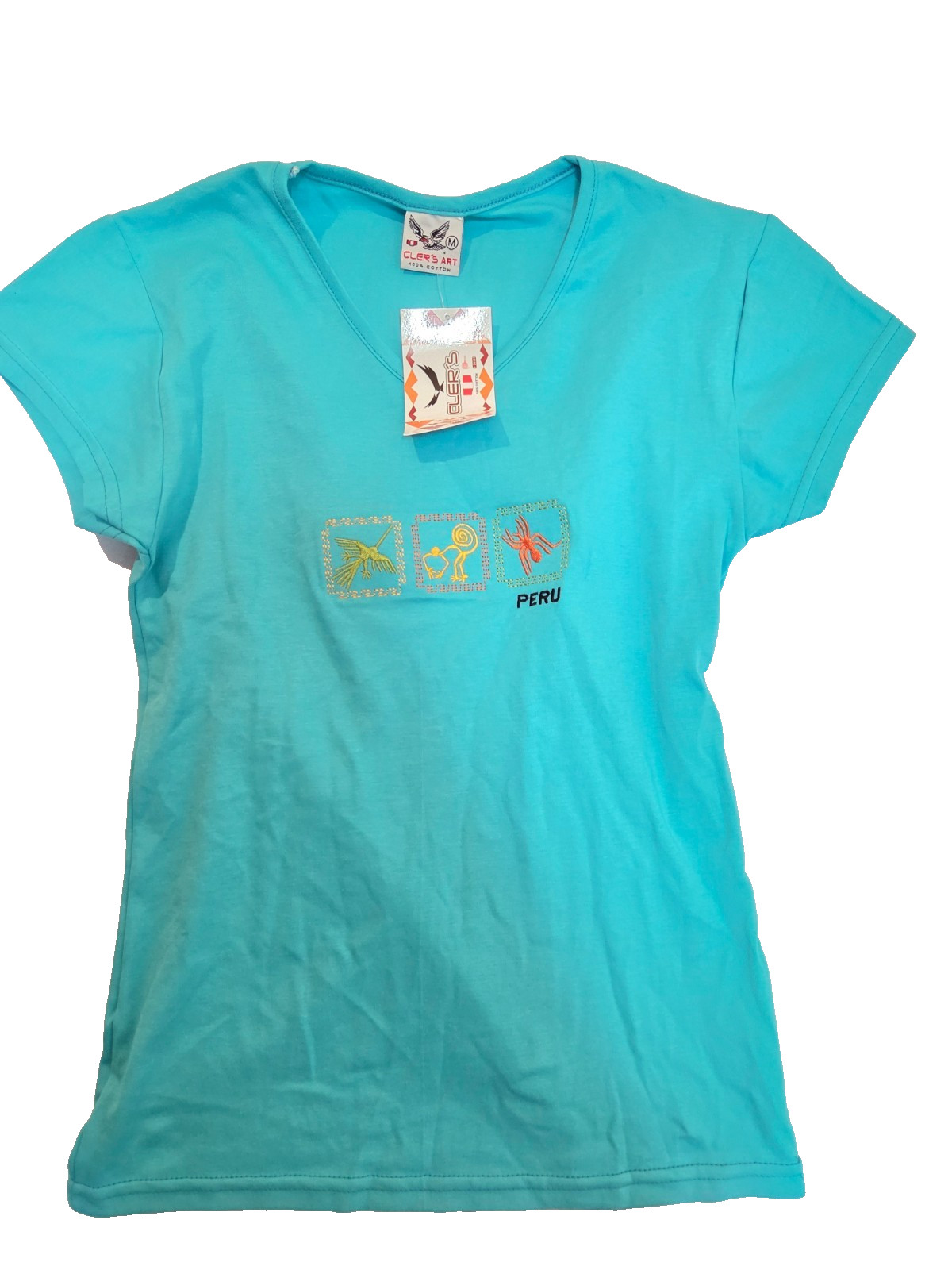 Cler’s Art Embroidered T Shirt Women’s Medium Blue Monkey Spider Clever New Peru