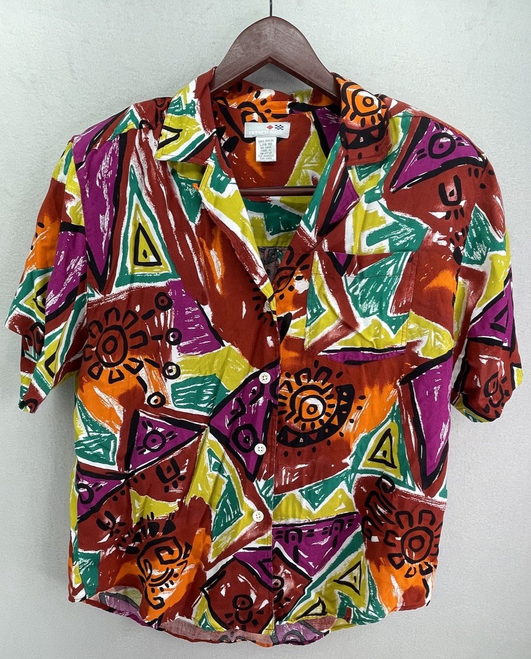 80s 90s Button Up Shirt L 14-16 Geometric Abstract French Navy VTG Wild Print