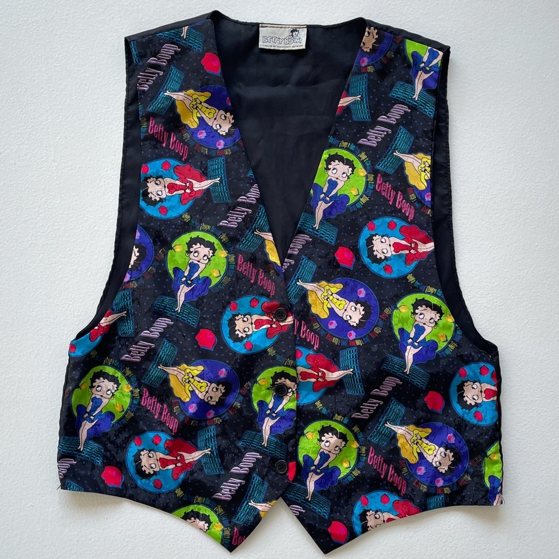 Vtg 90s Betty Boop Colorful Satin Button Up Vest / Sz S / Retro Cartoon
