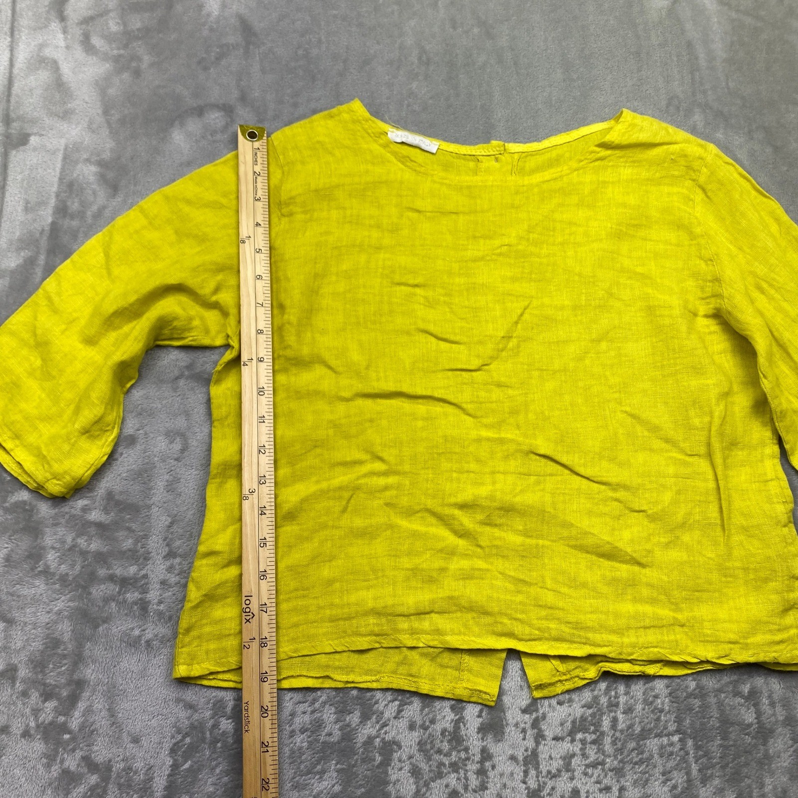 Bellina Bright Yellow Linen Button Back 3/4 Sleeve Top Italy Size 4 Boho Preppy