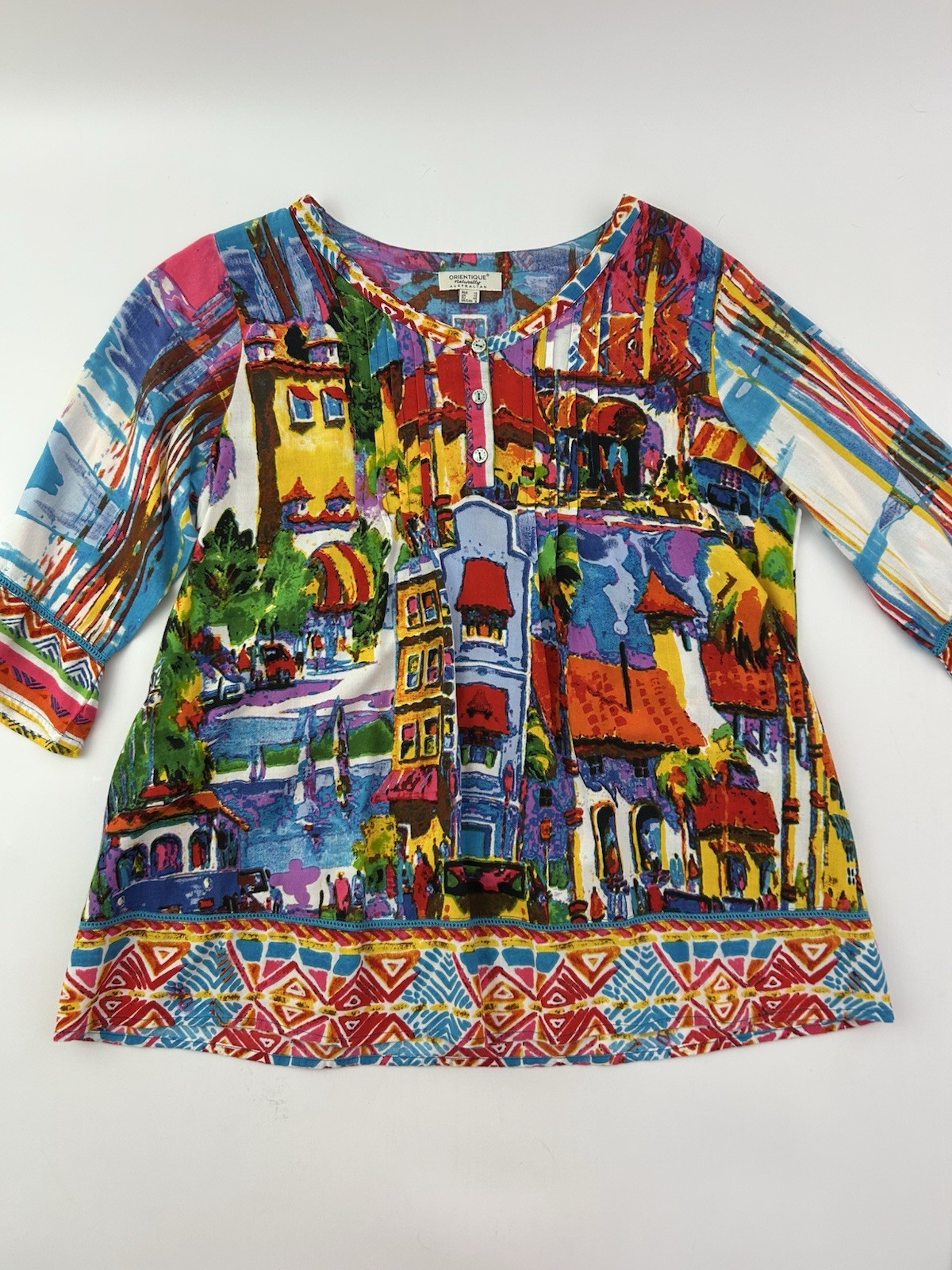 Orientique Naturally Australian Blouse Colorful City Print Artsy Abstract Sz S