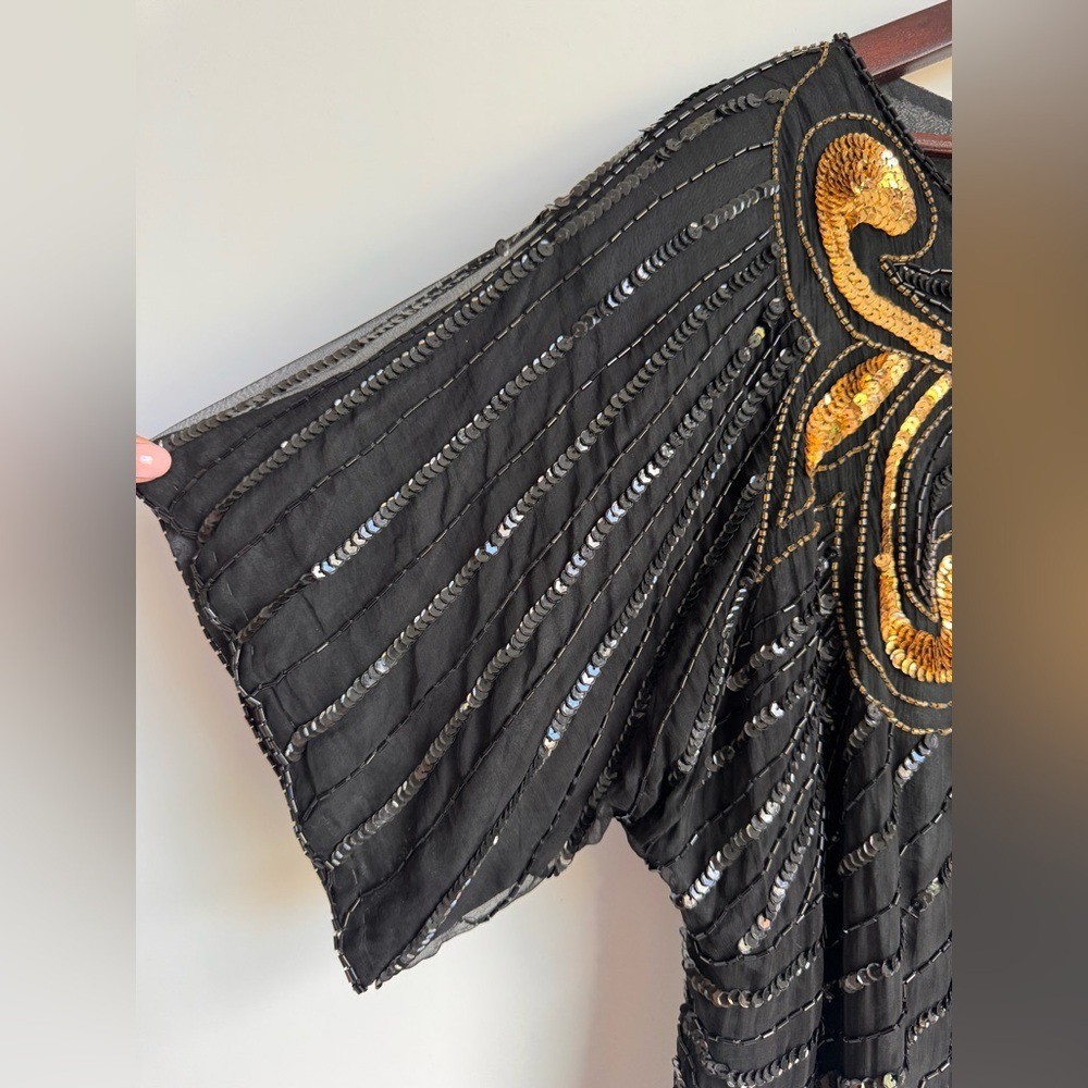 Vintage Jean for Joseph Le Bon 100% Pure Silk Black Sequin Top Women XL Gold