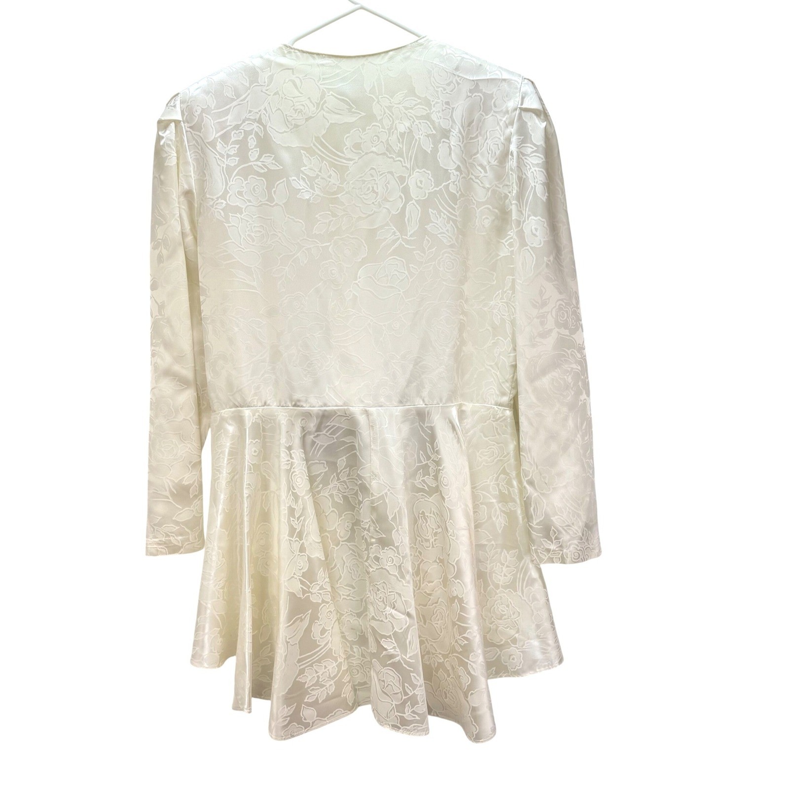 Vintage 80s/90s Good Times Peplum Blouse 16 Ivory Floral Damask Bow Top Made USA