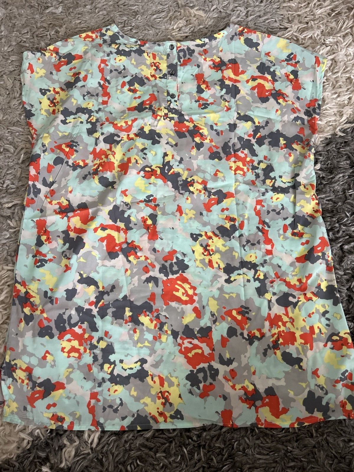 Women’s Short Cap Sleeve Print Blouse, Size M Orange Gray Blue Yellow