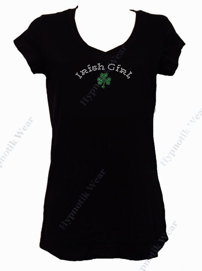 Women’s Rhinestone T-Shirt ” Irish Girl w/ 3 Leaf Clover ” S, M, L,1X, 2X , 3X