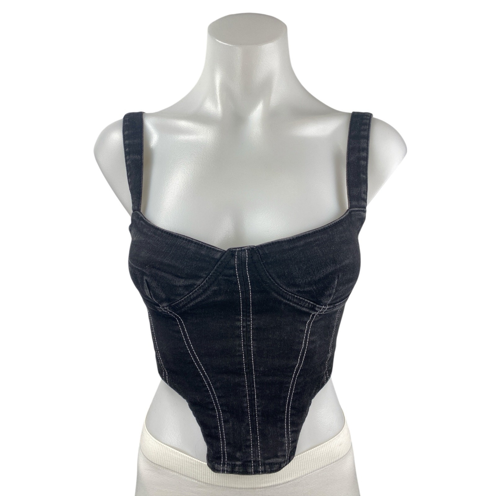 Women’s Black Corset Bustier Sleeveless Zip Tank Cami Denim Jean Crop Top Size S