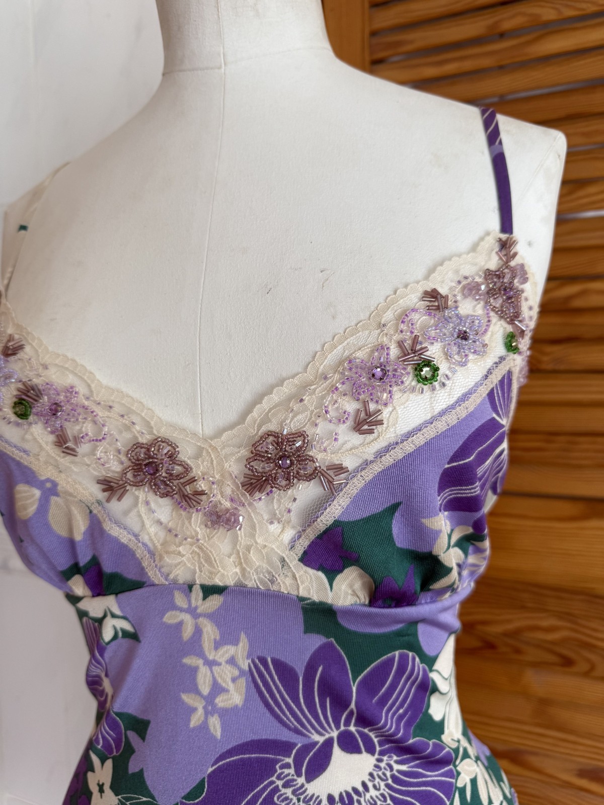 Italian Designer Green & Purple Floral Embellished Cami Top L