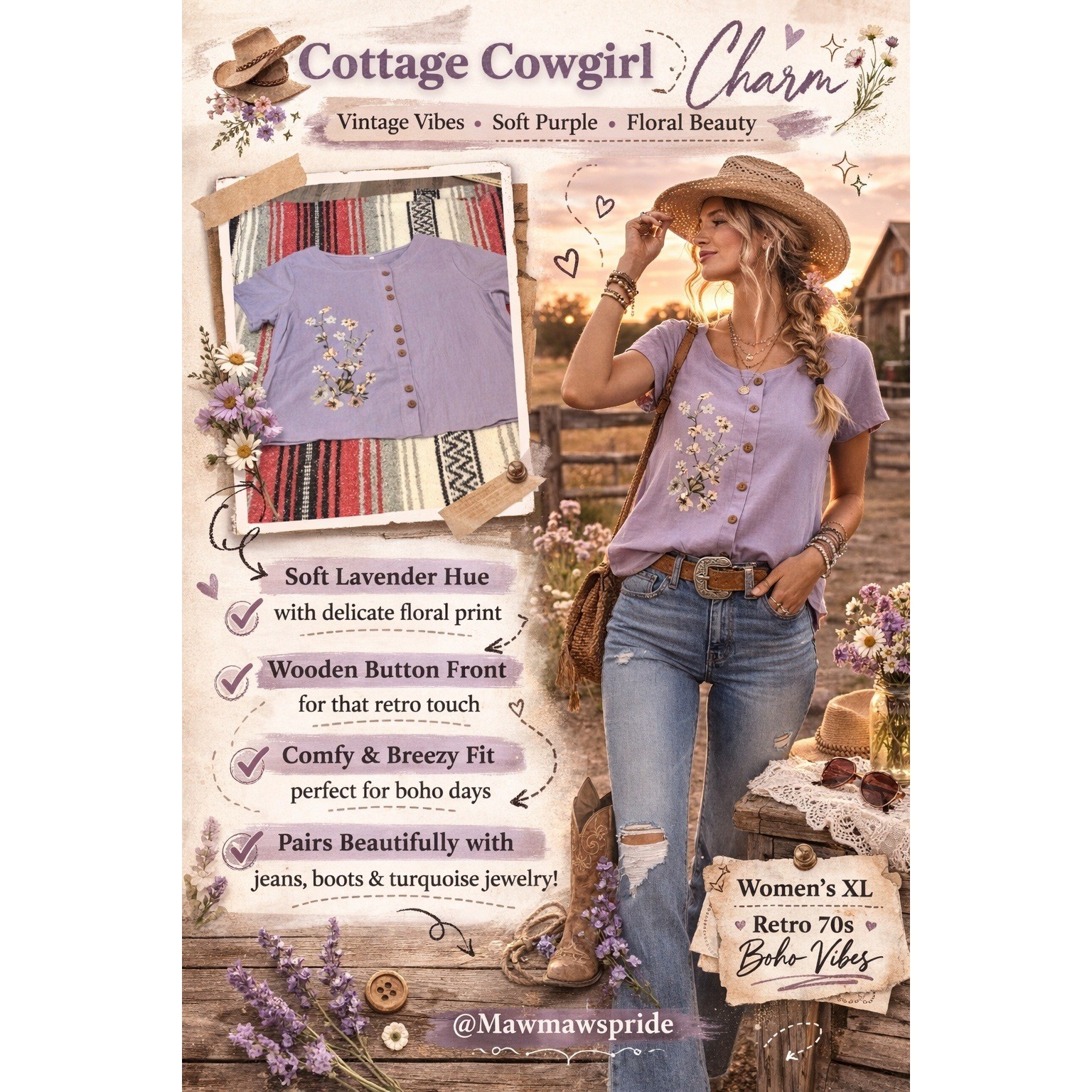 LAVENDAR COTTAGE COWGIRL CHARM Floral COUNTRY CUTENESSBoho Retro 70s XL