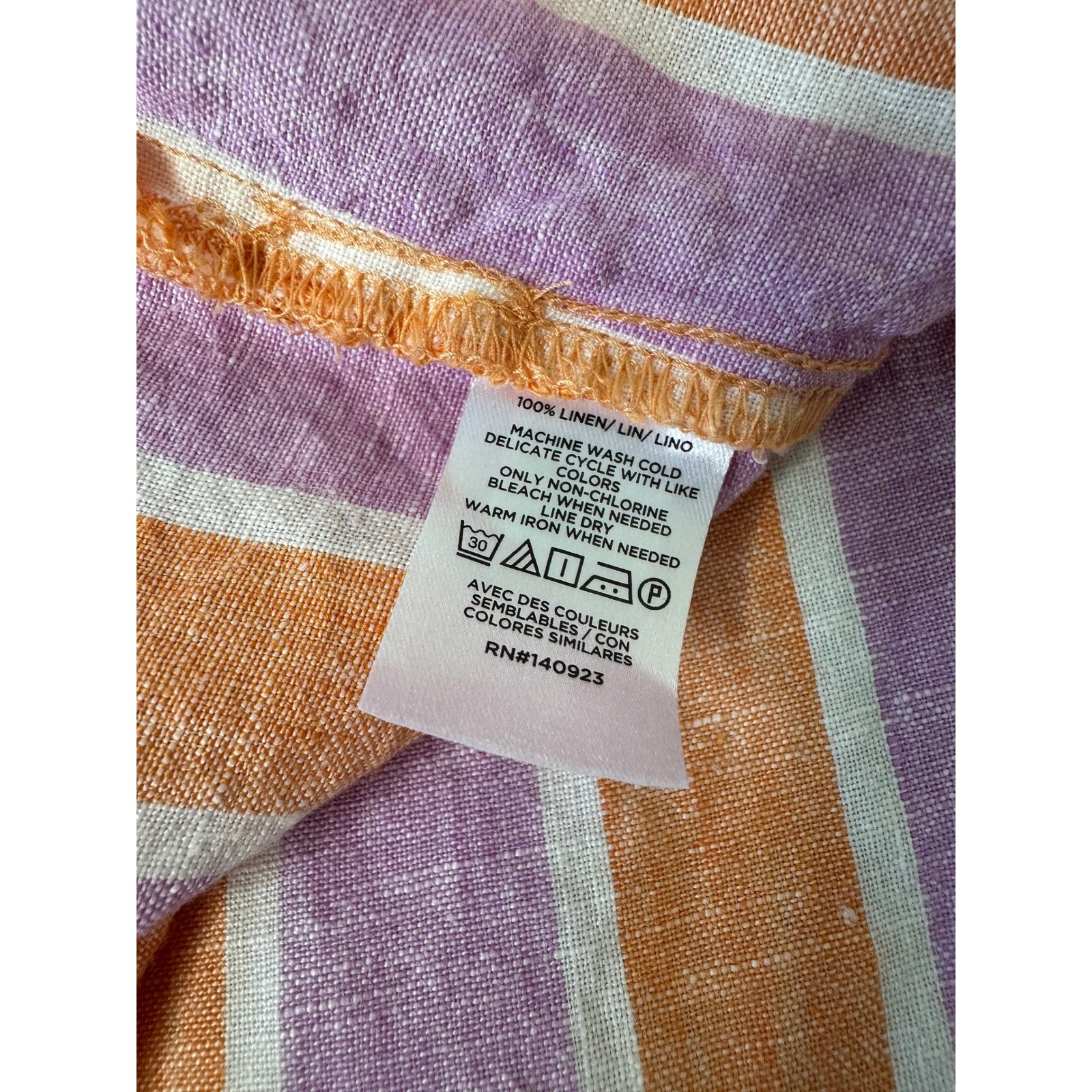 Loft Beach Linen Button up Shirt Size L Orange Purple Striped Short Sleeve Boxy