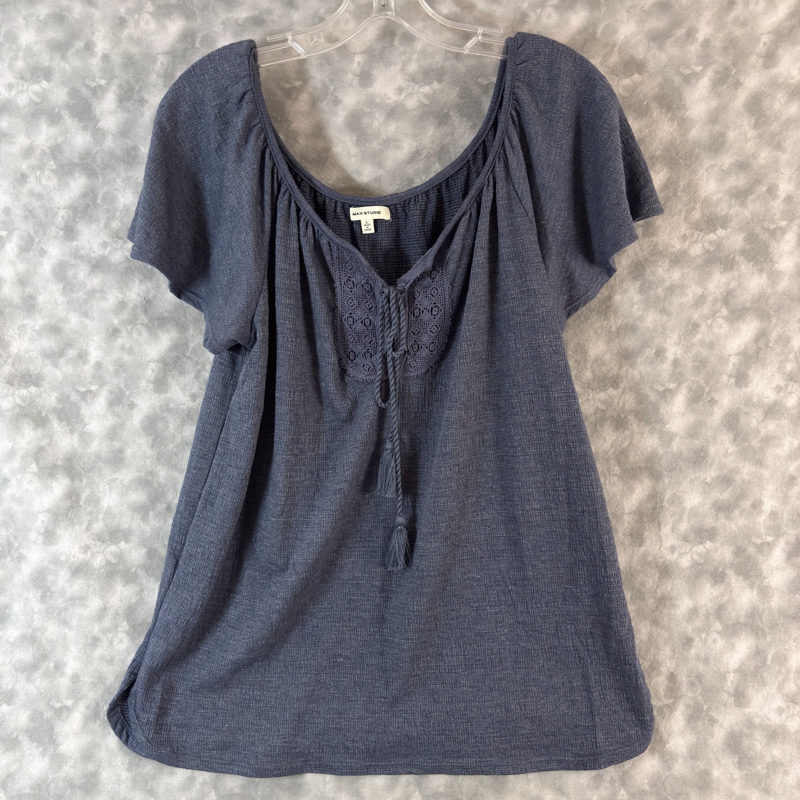 Max Studio Womens Size L Blue Textured Boho Peasant Top Crochet Tassel