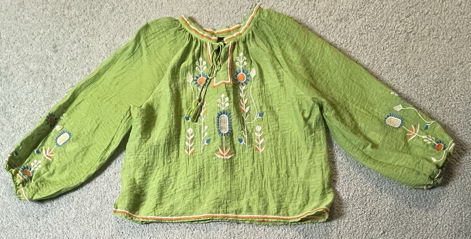 Liv Los Angeles Embroidered Floral Blouse Sz L Puff Sleeve Crinkly Boho Peasant