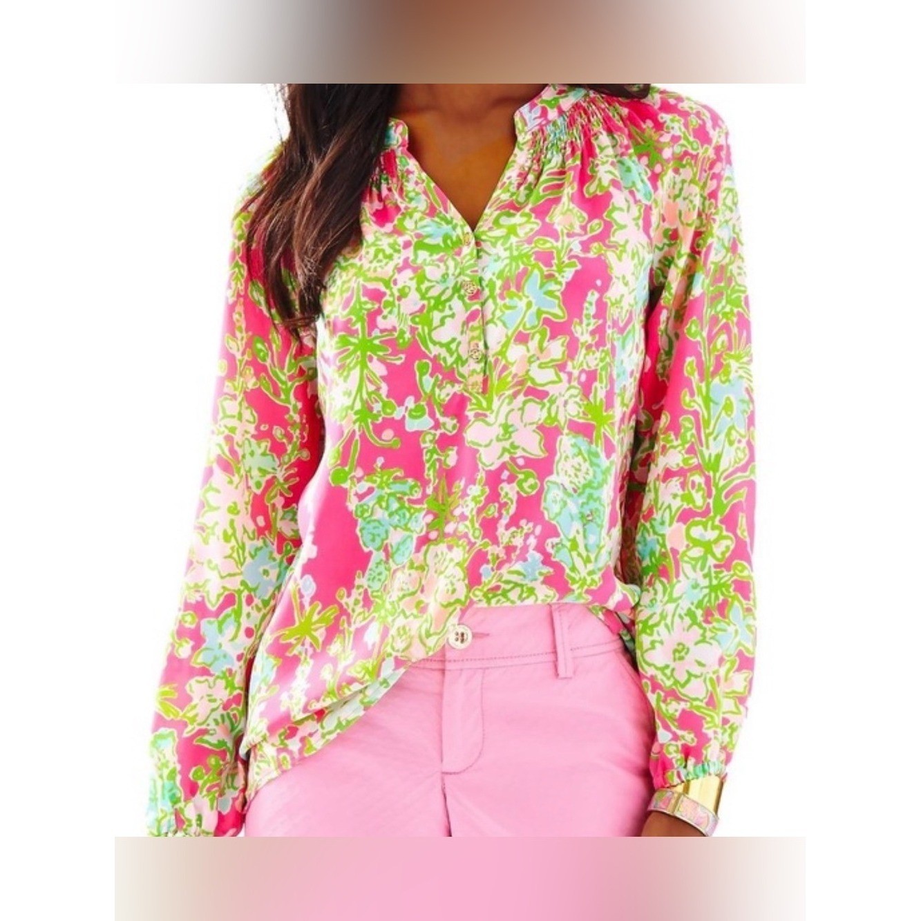 Lilly Pulitzer NWT Elsa Silk Top Flamingo Pink Southern Charm Floral Sz M