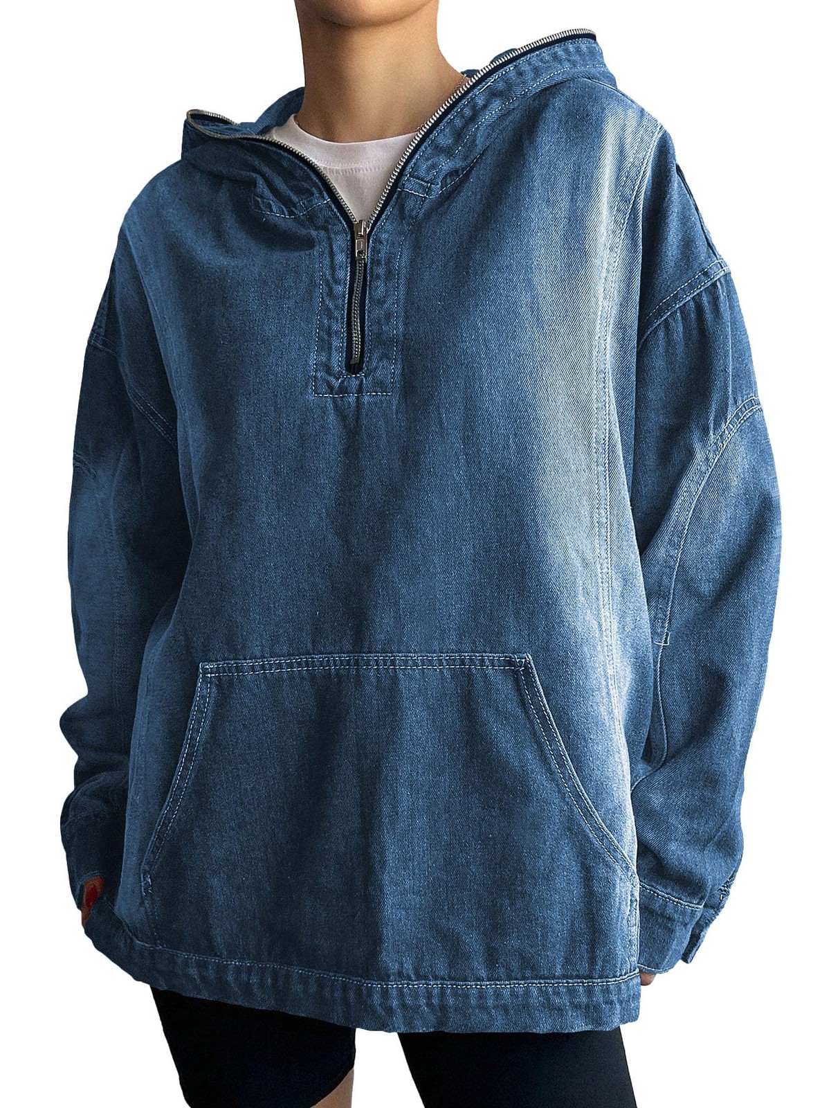 Women’s Half Zip Denim Hoodie Pullover Sweatshirt Jean Jacket with Pocket Dar…