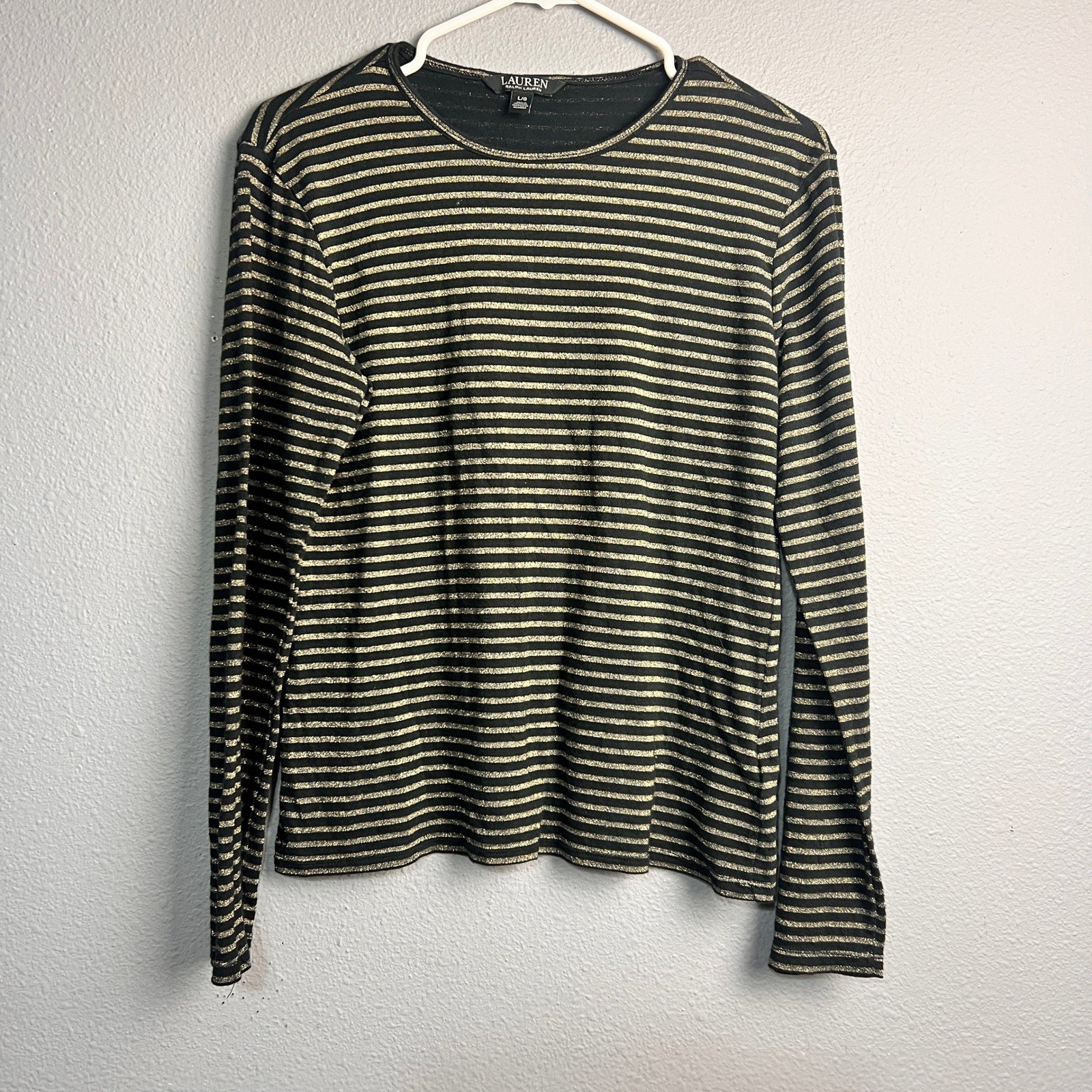 Lauren Ralph Lauren Black Gold Metallic Striped Long Sleeve Crew Neck Top Large