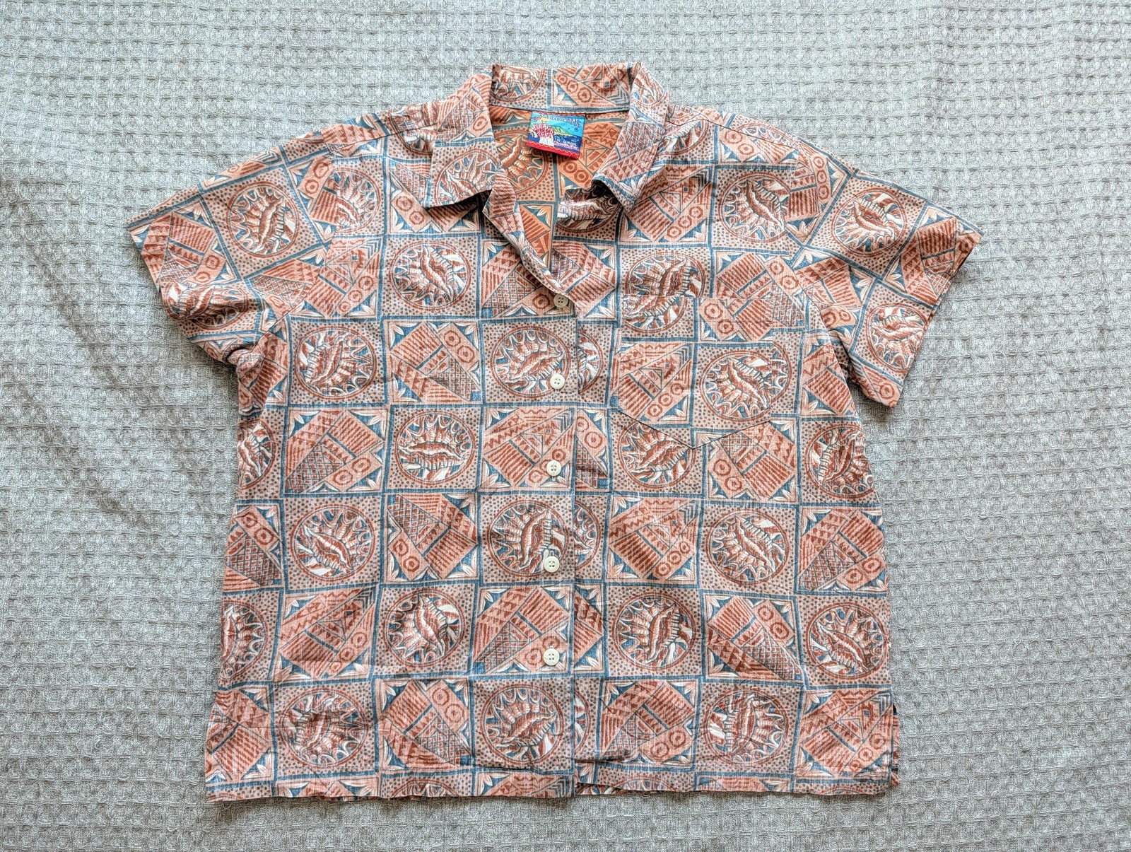 Joe Kealoha’s Shirt Women Medium Brown Geometric Hawaiian Cotton Camp Aloha