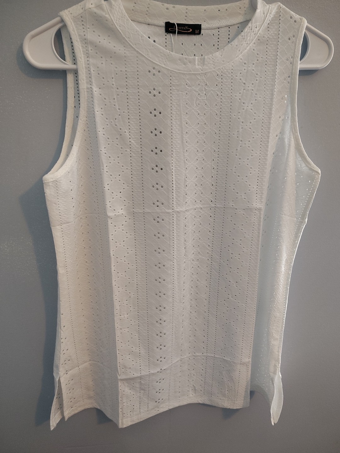 OFEEFAN Sleeveless Summer Top Round Neck Tank Top M White Eyelet Feminine