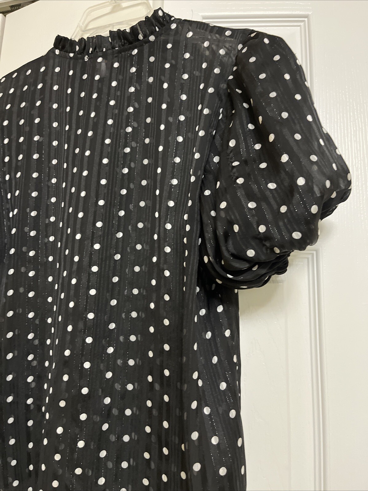 China Dolls~Short Puffed Sleeve Black & White Polka Dots~HighNeck Blouse Size XL