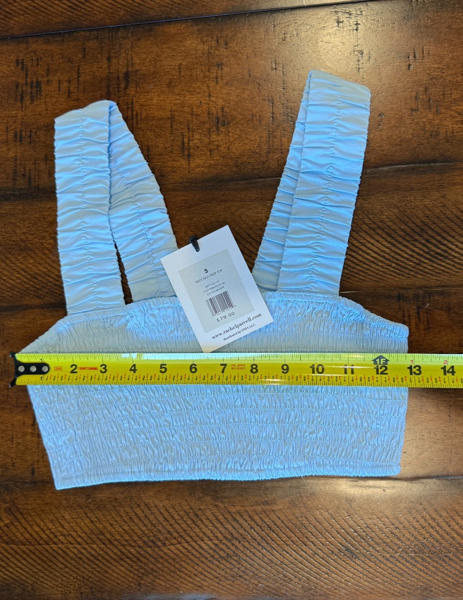 RACHEL PARCELL – Smocked Crop Top – Cotton Poplin Ice Ice Water Blue, Small