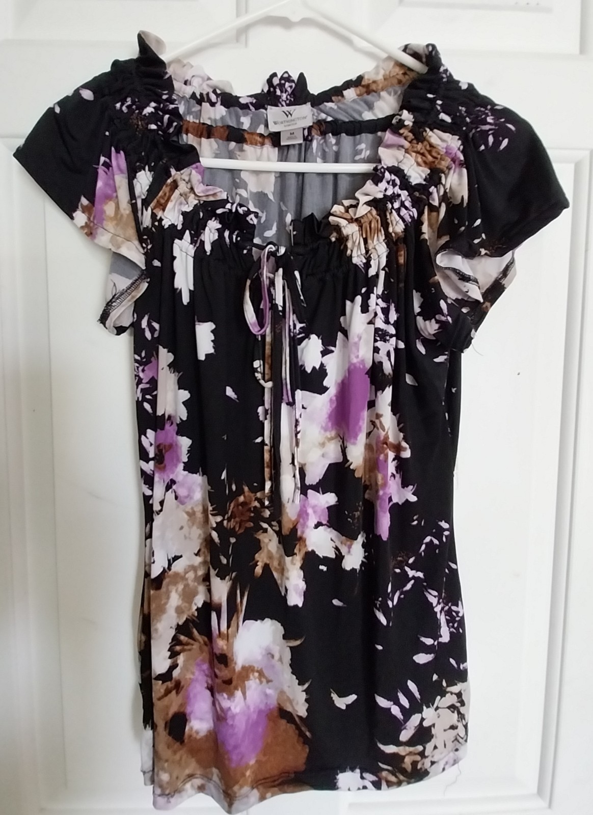 Worthington Stretch Womens Purple Black Floral Tunic Front Tie, Short Sleeve Med