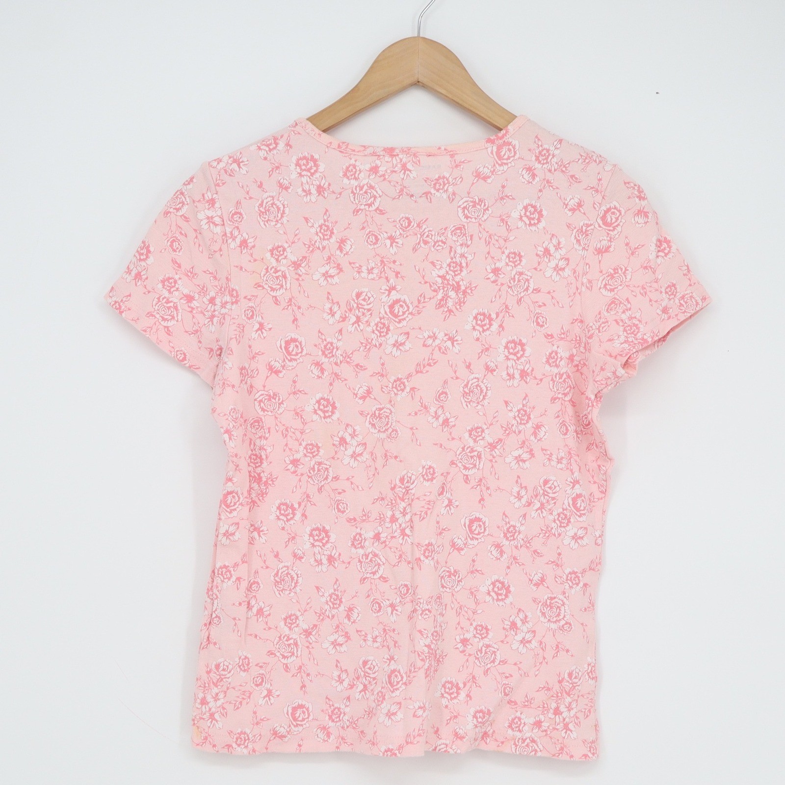 Basic Editions Pink Floral Rose Print Cotton Short Sleeve Crew Neck Tee Shirt M