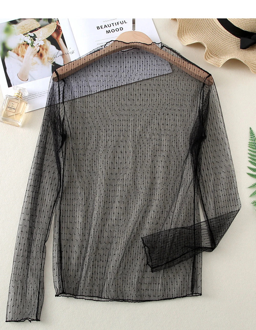 Mesh Sheer Floral Lace Top Women Long Sleeve See Through Sunscreen Blouse