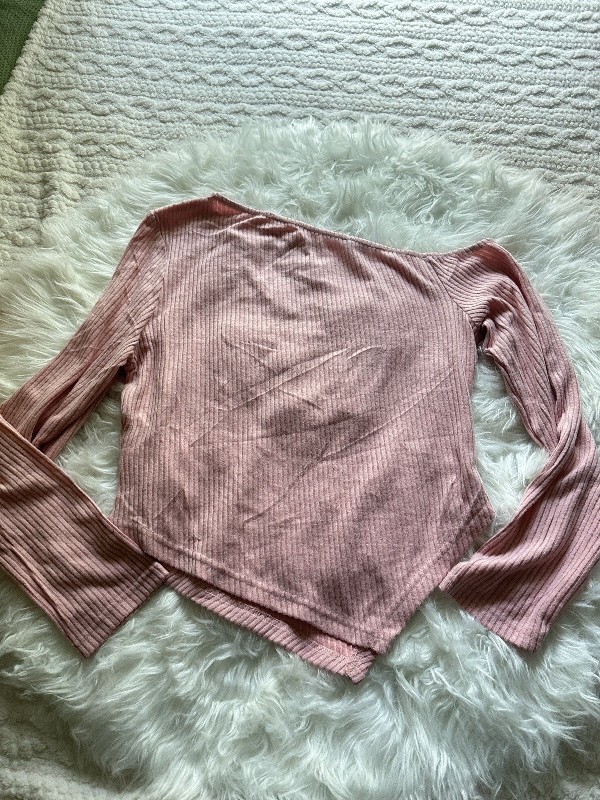 Pretty Garden Pink ribbed off the shoulder asymmetrical long sleeve top