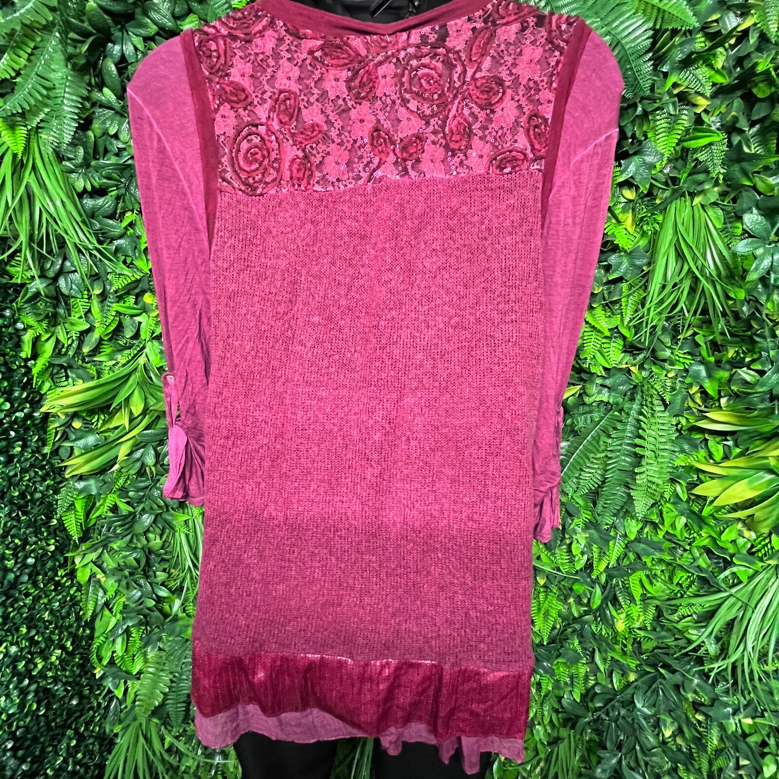 FANTAZIA Tops Women XL Wine Red Embroidered Sequin Lace Knit Blouse Detail 1247