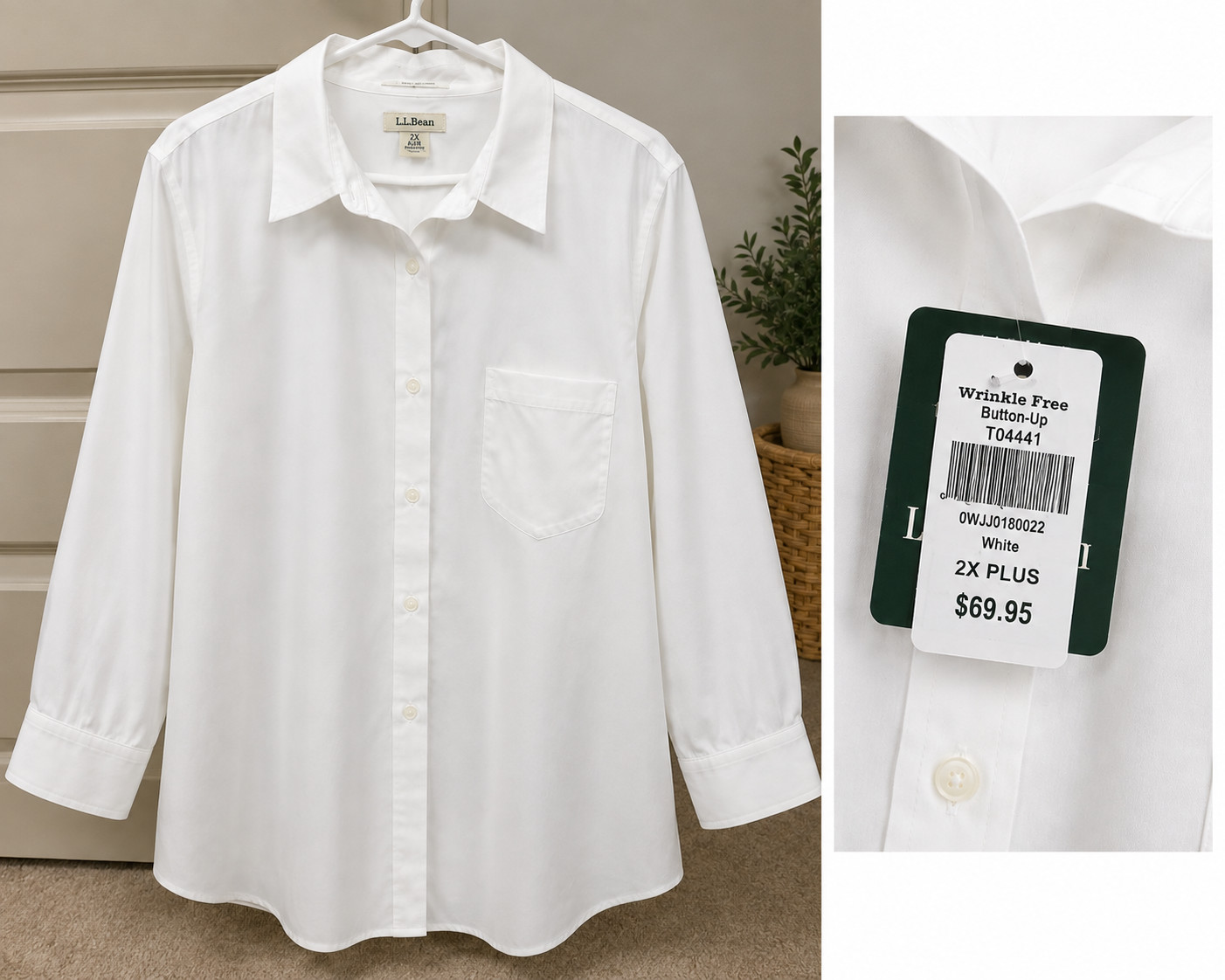 LL Bean Woman’s White Wrinkle Resistant Brand New Long sleeve Button up 2X Plus